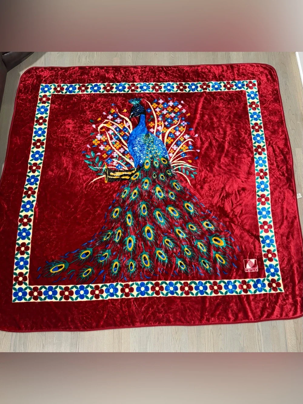 VINTAGE Mexican Novatex Colorful Peacock Blanket King Size Acrylic